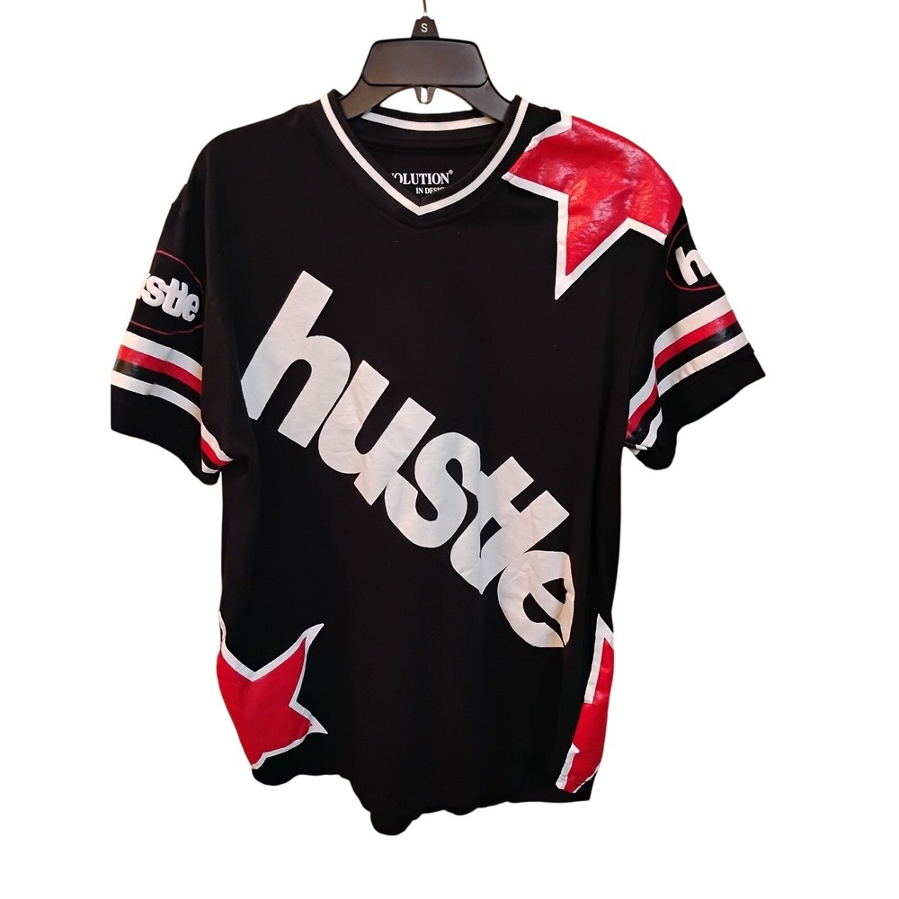 Evolution In Design Hustle Jersey T-Shirt Black Red Stars Mens XL Short Sleeve